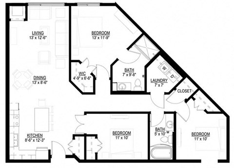 Floor plan for 3 beds, 2 baths, 1349 sqft
